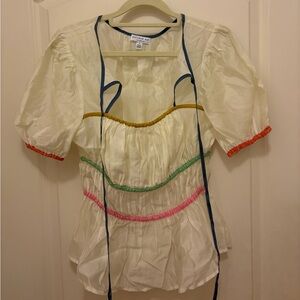 Current Air Cream Puff-Sleeve Blouse with Multicolor Trim and Navy Ties